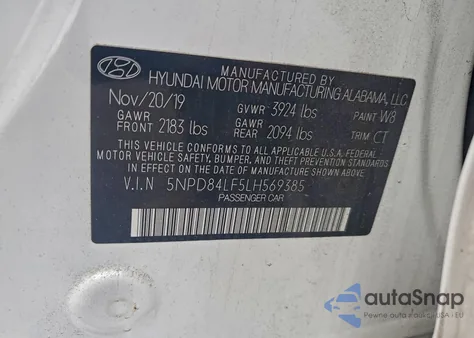 2020 Hyundai Elantra Sel z USA, uszkodzony, nr VIN 5NPD84LF5LH569385